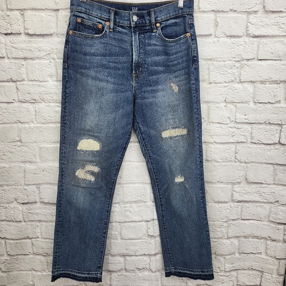 GAP Denim Distressed High Rise Straight Jeans Sz 29R - Picture 1 of 15